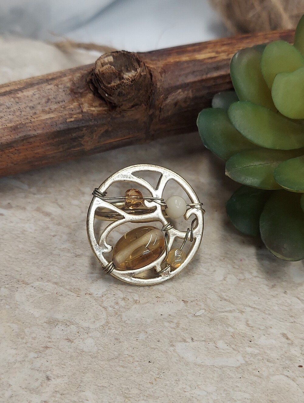 R305 Artisan Wire Wrapped Gold-Tone Mixed Beaded Round Adjustable Ring